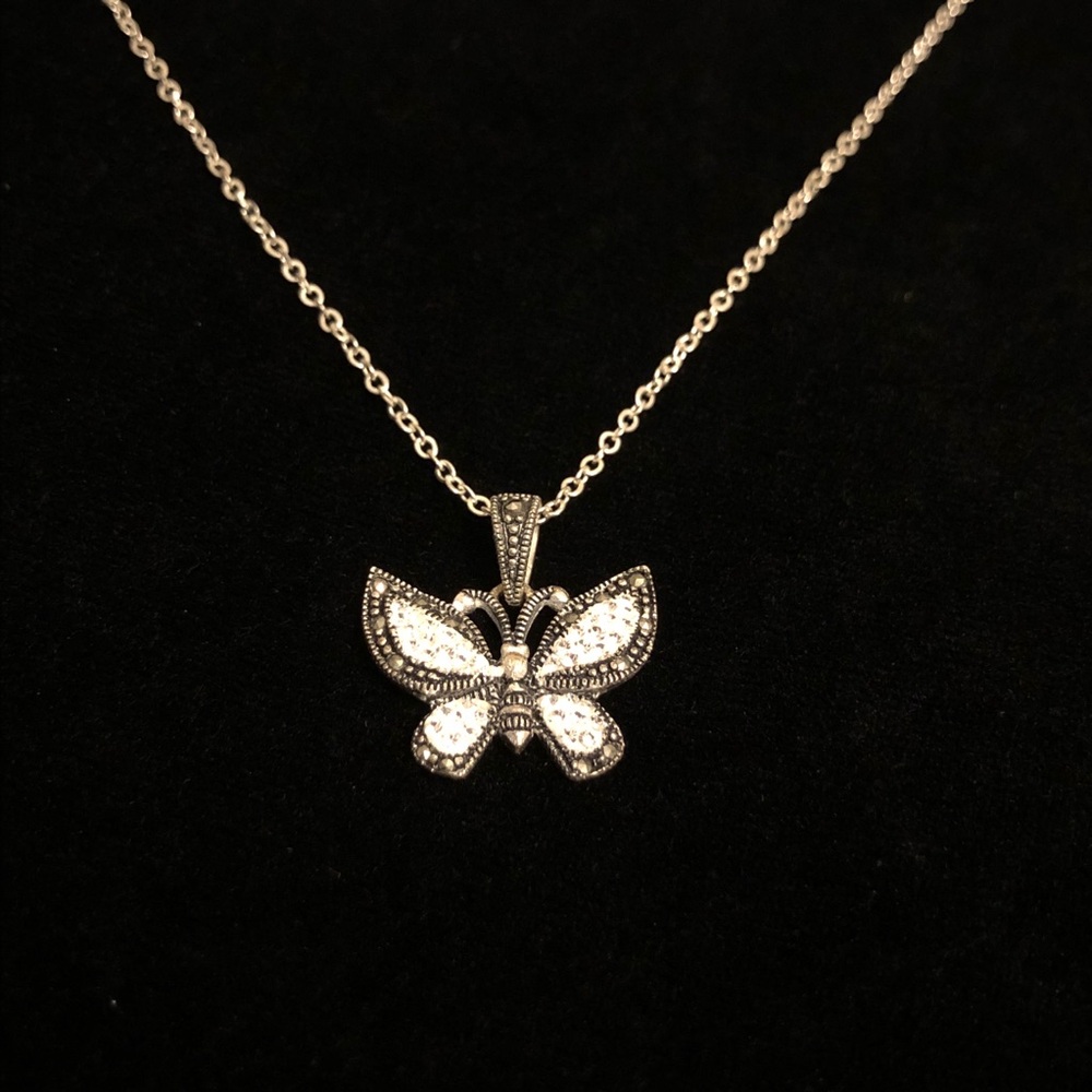 Silver Tone White Rhinestone Butterfly Pendant Necklace